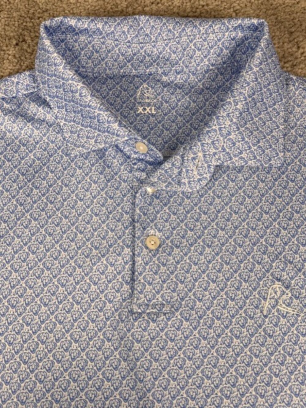 Rhoback Golf The Biscuit Men Performance Polo Shirt Blue Retriever Dog Print XXL